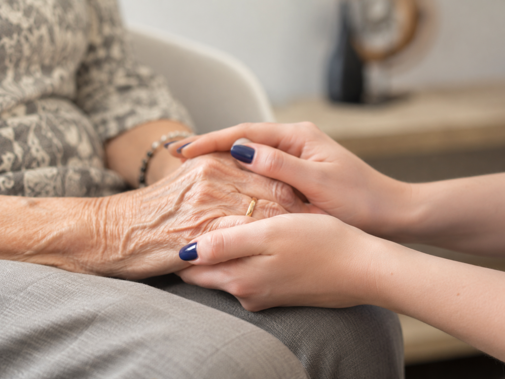 Une personne âgée est assise. Ses mains sont soutenues par celles d'Alice.