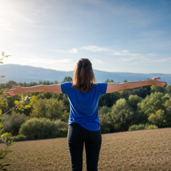 Photo de Alice, psychologue, de dos, bras grands ouvert. Alice se trouve sur le sommet d'une montagne. Face à elle, la nature et un beau ciel bleu.