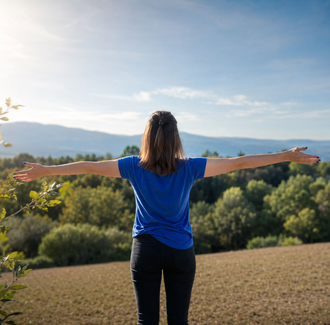 Photo de Alice, psychologue, de dos, bras grands ouvert. Alice se trouve sur le sommet d'une montagne. Face à elle, la nature et un beau ciel bleu.